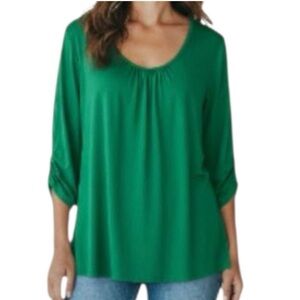 Susan Graver Liquid Knit Kelly Green Pleated Scoop Neck Ruched Sleeve Top Size L